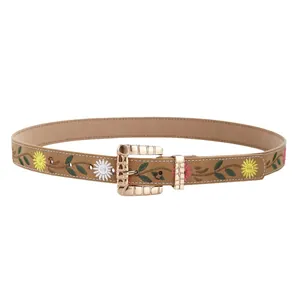 Brown vintage faux leather belt with colorful floral embroidery and gold buckle