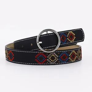 Ceinture pour Femme en Cuir PU Avec Broderie Ethnique Motif Floral Bohémien Ceinture Vintage Avec Boucle Ronde en Alliage