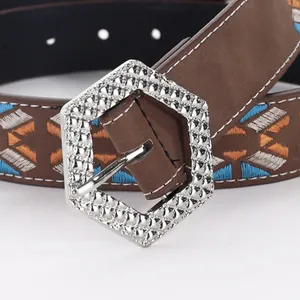 Bohemian embroidery belt with geometric patterns and hexagonal silver metal buckle