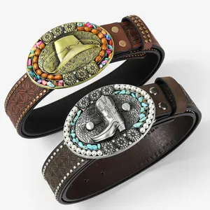 Vintage Western PU Leather Belt For Men Women Embossed Floral Pattern Cowboy Boot Hat Buckle With Rivets Boho Waistband