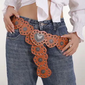 Women's Vintage Bohemian Western Cowboy Heart Shaped PU Leather Belt With Carved Alloy Buckle Star Rivets Hollow Waist Belt