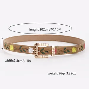 Brown vintage embroidery belt with floral daisy pattern and golden metal buckle for women