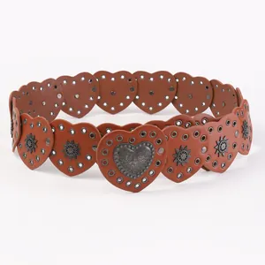 Western style brown heart cutout waist belt with vintage silver sunburst metal accents