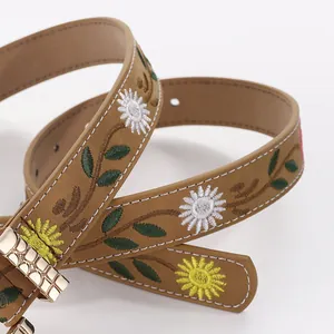 Brown vintage leather belt with floral embroidery and gold metal buckle for women