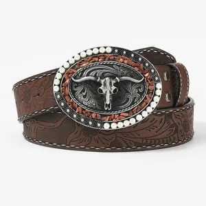 Cintura vintage in pelle con girasole goffrato e fibbia con testa di toro argento