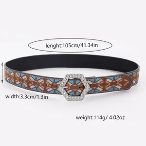 Retro ethnic style belt with geometric embroidery and silver hexagonal buckle, 105cm length