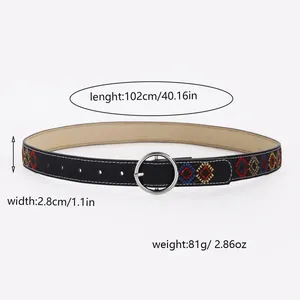 Ceinture noire pour femme style ethnique avec broderie florale colorée et boucle argentée