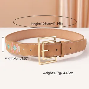 Vintage embroidered waist belt with geometric patterns and golden buckle for women