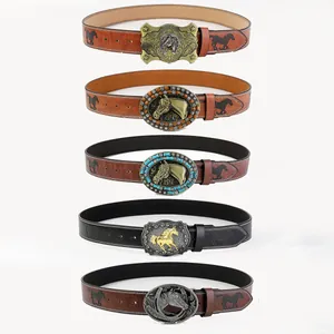 Cintura da Donna Western Cowboy in Pelle PU Vintage con Cavallo a Rilievo e Fibbia a Piastra Metallica Cintura Fashion per Jeans con Finti Turchesi e Strass