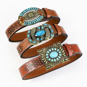 Western Cowboy Engraved Plate Buckle Belt Retro Punk PU Leather Waistband With Turquoise Embellished Alloy Buckle For Men Women