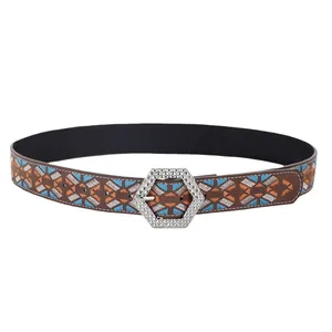 Ethnic style brown leather belt featuring geometric embroidery and a hexagonal buckle