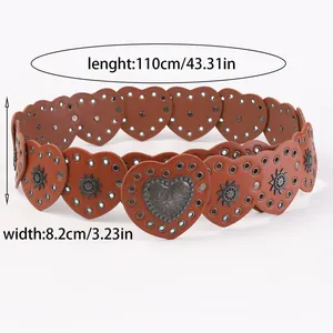 Western style brown leather heart belt with silver studs and vintage metal buckle