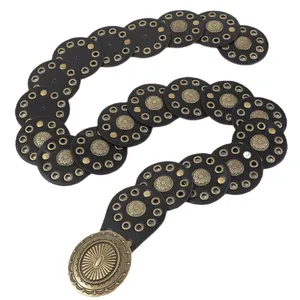 Retro Bohemian zwarte leren cirkelriem met bronzen gespen en vintage Y2K-stijl