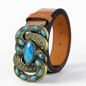 Brown leather Western cowboy belt with vintage bronze buckle and turquoise stone inlay
