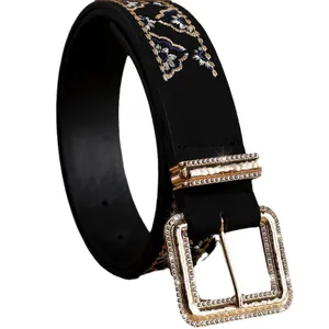 Vintage embroidered belt for women with black floral pattern and rhinestone buckle