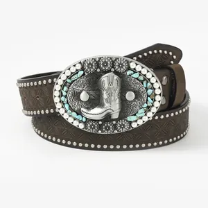 Vintage western leather belt with embossed patterns and turquoise set buckle