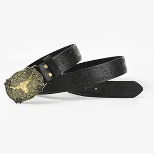 Western cowboy leather belt featuring floral embossing and a bronze bull head buckle