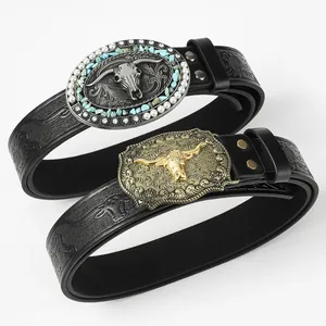 Vintage Western Cowboy Belt For Men Women Embossed PU Leather Waist Belt With Bull Skull Buckle Turquoise Rhinestone Decorative Belt