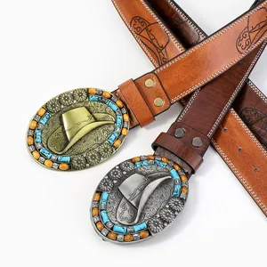 Cinturón de Cuero de PU de Cowboy Occidental Para Hombre Vintage Punk Con Hebilla de Aleación Grande de Sombrero de Vaquero Relieve Turquesa