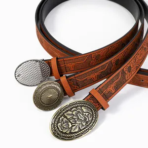 Western Retro Geprägt PU-Leder Gürtel Für Damen Antik Bronze Silber Legierung Metallschnalle Floral Stierkopf Muster Bohemian Cowboy Stil Taillengürtel