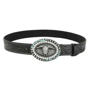Western cowboy belt in black embossed leather with bull skull buckle and pearl accents