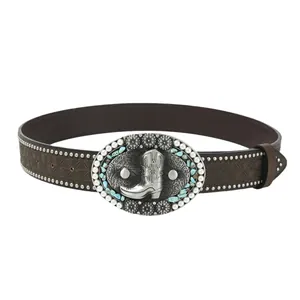 Vintage wide PU leather belt with studded metal rivets and cowboy boot buckle detail