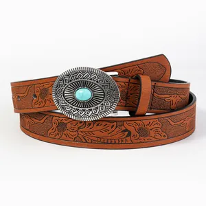 Western style brown embossed leather belt with turquoise stone buckle for women