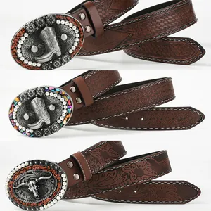 Cintura da Donna Vintage Western Cowboy in Pelle PU Goffrata Con Grande Fibbia in Lega Strass e Künstliche Perle Sintetiche
