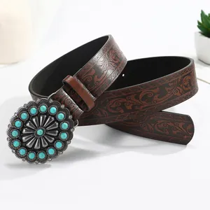 Western Cowboy PU Leather Belt For Women Men Vintage Round Buckle With Turquoise Rhinestones Embossed Waist Belt