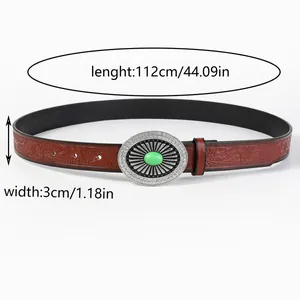 Detailed dimensions of the vintage brown embossed leather belt with green gemstone buckle