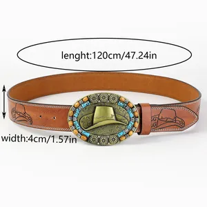 Detalle del cinturón vaquero de cuero PU marrón con dimensiones y hebilla de metal