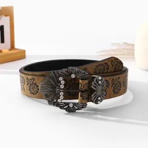 Boho vintage faux leather belt with floral prints and turquoise rhinestone buckle