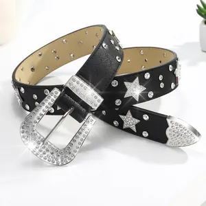 Ceinture Femme Strass Étoile Western Cuir PU Noir Clouté de Diamants pour Jeans Mode Y2K Punk Bijoux