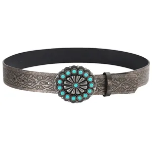 Vintage western cowboy belt with embossed floral pattern and turquoise round metal buckle