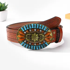 Brown western cowboy leather belt with vintage floral buckle and turquoise beads