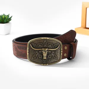 Men's Western vintage brown embossed leather belt with longhorn bull metal buckle