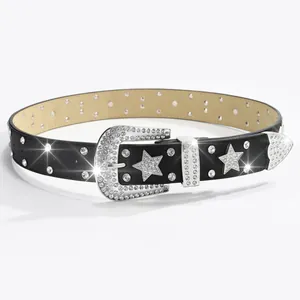 Ceinture en cuir noir avec strass et clous étoiles, style punk western pour femme