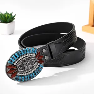 Bohemian black leather belt with embossed patterns and vintage silver turquoise buckle