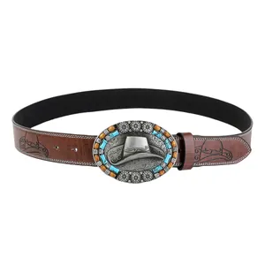 Cinturón estilo cowboy western para hombre con hebilla de sombrero 3D y piedras turquesa