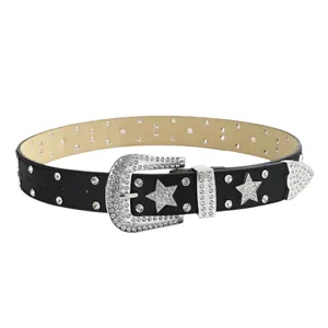 Ceinture Y2K en cuir noir avec étoiles en strass brillants et boucle en diamant