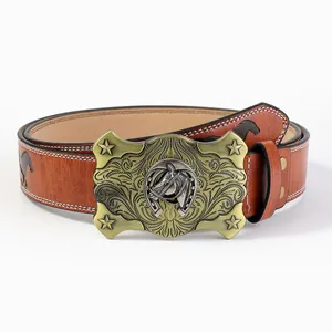 Cintura in pelle marrone stile western con fibbia in ottone testa di cavallo e cuciture