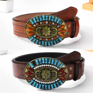 Western Cowboy Bohemian Belt For Men Women PU Leather Embossed Large Oval Alloy Plate Buckle Inlaid Faux Turquoise Rhinestones Retro Punk Belt