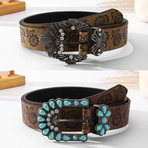 Vintage Bohemian PU Leather Belt For Women Retro Western Cowboy Waist Belt With Turquoise Rhinestone Floral Embossed