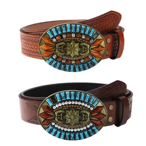 Western cowboy leather belts with vintage engraved buckles and colorful stones in two colors