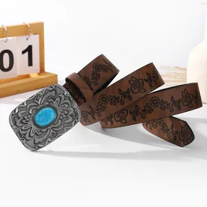 Vintage brown leather belt with turquoise buckle and floral patterns for women