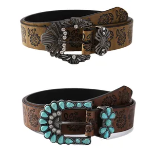 Bohemian vintage belts with turquoise buckle and floral embossed faux leather design