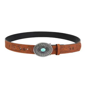 Bohemian brown embossed leather belt for women with silver buckle and turquoise stone inlay