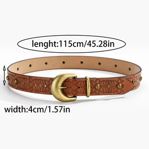 Retro floral embossed leather belt with mushroom studs and bronze buckle, 115cm length