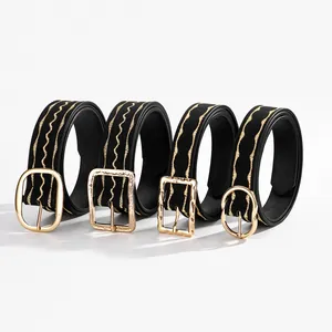 Women Fashion PU Leather Belt With Golden Wave Embroidery Square Alloy Pin Buckle Retro Waistband Accessory