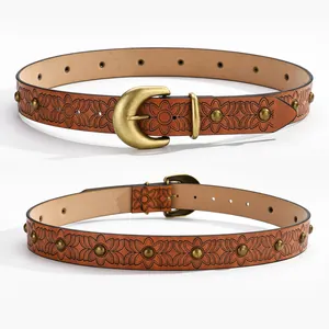 Women's Vintage Embossed PU Leather Belt Floral Pattern Bohemian Studded Waistband With Alloy Horse Shoe Buckle Casual Fashion